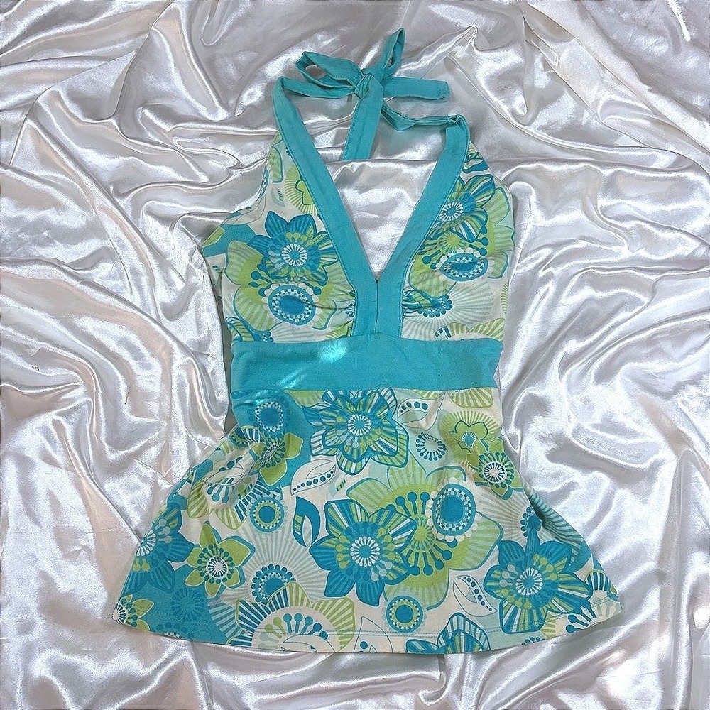 y2k Halter Top Teal Excellent Floral V-Neck Empire Waist SO Vintage